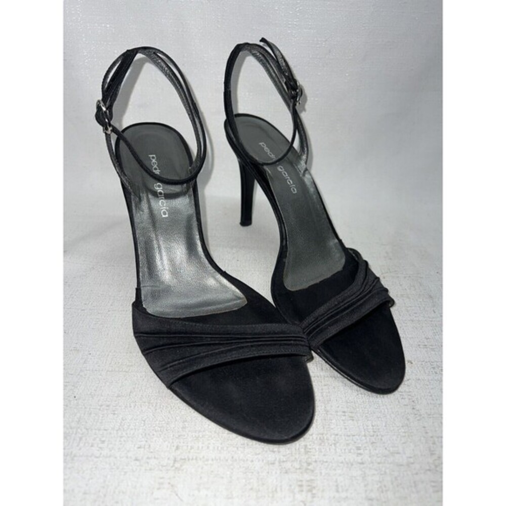 Pedro Garcia Heeled Sandals‎ Womens 9 Black Satin Pleated Strappy Stiletto Chic